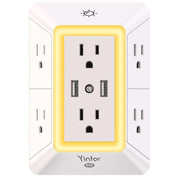 YINTAR 6-Outlet Extender with 2 USB Charging Ports (2.4A Total) and Night Light, 3-Sided Power Strip with Adapter Spaced Outlets - White, Etl Listed for only $13.99 (42 % off) Free shipping