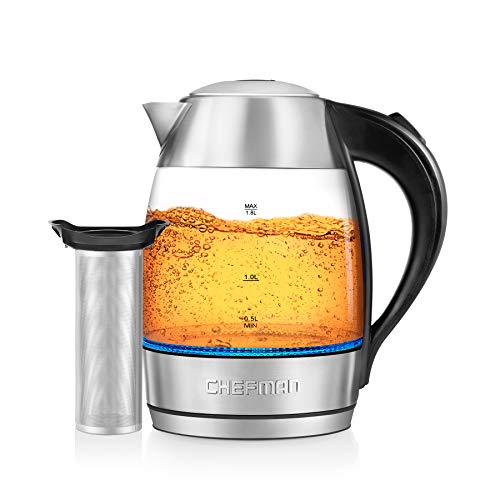 Chefman, Fast W/LED Lights Auto Shutoff & Boil Dry Protection, Cordless Pouring, BPA Free, Removable Tea Infuser, 1.9 Quart, 3 Min Boil Electric Glass Kettle, List Price is $44.99, Now Only $24.99