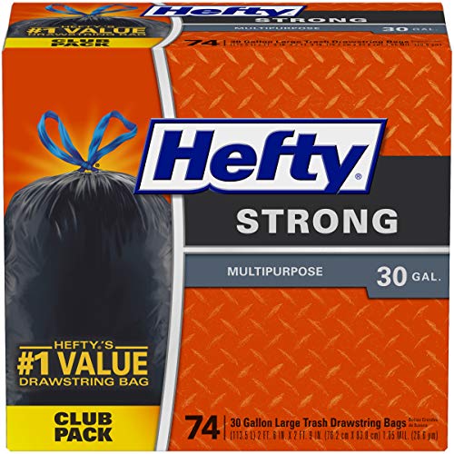 Hefty Strong Multipurpose Large Drawstring Trash Bags, 30 Gallon, 74 count. Resists punctures and leaks. Tough and Durable, for inside and outside, List Price is $20.99, Now Only $14.99