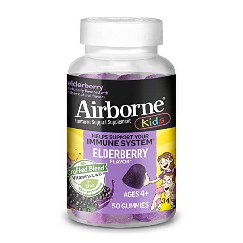 Airborne Elderberry + Zinc & Vitamin C Gummies For Kids, Immune Support Zinc Gummies with Powerful Antioxidants Vit C D & E - (50 count bottle), Delicious Elderberry Flavor, Now Only $9.09