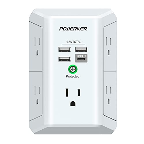 POWERIVER Multi Outlet Extender Surge Protector with 4 USB Ports (1 USB C, 4.2A Total)，1680J Power Strip Multi Plug Wall Outlet Adapter Spaced for Home School Office, ETL Listed