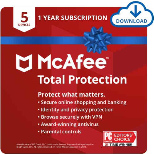 McAfee Total Protection 2022 | 5 Device | Antivirus Internet Security Software | VPN, Password Manager & Dark Web Monitoring Included | PC/Mac/Android/iOS | 1 Year Subscription,  Only $19.99,