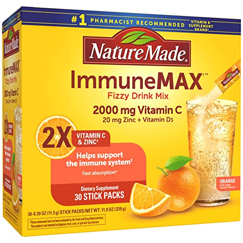 ​Nature Made ImmuneMAX Fizzy Drink Mix, with Vitamin C, Vitamin D, and Zinc Supplement for Immune Support, Fast Absorption, 30 Stick Packs, 0.4 Ounce, List Price is $19.99, Now Only $$6.59