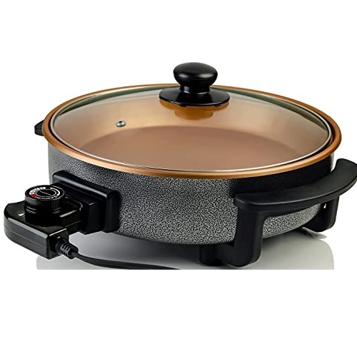 Ovente 12 Inch Electric Kitchen Skillet with Nonstick Aluminum Coated Grill Pan & Glass Lid Cover, Indoor Countertop Cooking Pan with Temperature Control  , Copper SK11112CO, Only $19.99