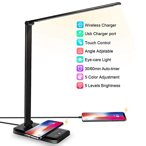LED Desk Lamp with Wireless Charger, USB Charging Port, Desk Lighting with 10 Brightness Level,5 Lighting Modes, Dimmable Eye-Caring Reading Desk Light for Home, Office Lights  Only $19.99