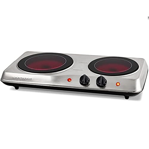 Ovente Electric Double Infrared Burner 6.75 & 7.75 Inch Ceramic Glass Hot Plates Cooktop, 5 Level Temperature Control & Easy Clean Stainless Steel Base,Silver BGI102S, Only $32.99