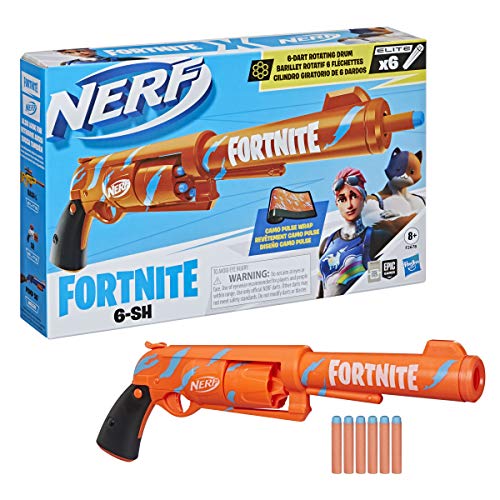 NERF Fortnite 6-SH Dart Blaster -- Camo Pulse Wrap, Hammer Action Priming, 6-Dart Rotating Drum, Includes 6 Official Elite Darts, List Price is $20.99, Now Only $14.97