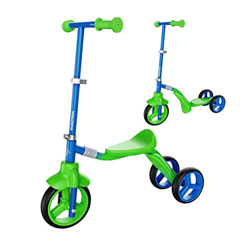 Swagtron K2 Toddler 3 Wheel Kick Scooter & Ride-On Balance Trike 2-in-1 Adjustable for 2, 3, 4, 5 Year Old Kids Boy or Girl Transforms in Seconds (Blue and Green), Only $24.17