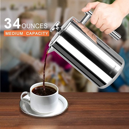 Secura French Press Coffee Maker, 304 Grade Stainless Steel Insulated Coffee Press with 2 Extra Screens, 34oz (1 Litre), Silver, only $26.97