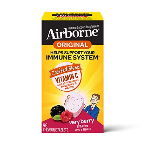 Airborne 1000mg Vitamin C Chewable Tablets with Zinc, Immune Support Supplement with Powerful Antioxidants Vitamins A C & E - (96 count bottle), Very Berry Flavor, Gluten-Free,  Now Only $5.65