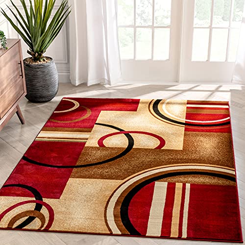Well Woven Deco Rings Red Geometric Modern Casual Area Rug 5x7 (5'3