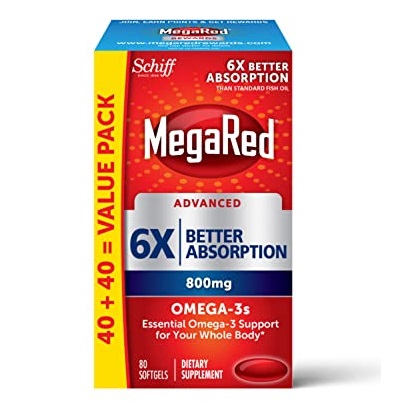 Omega 3 Fish Oil Supplement 1600mg (per serving), MegaRed Advanced 6X Absorption EPA & DHA Omega 3 Fatty Acid Softgels (80cnt box), Phopholipids, Supports Brain Eye Joint & Heart Health Only $20.98