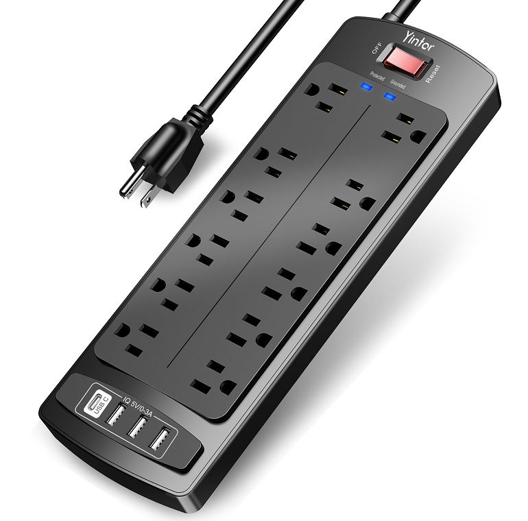新年好价！YINTAR 12 插孔浪涌保护电源板，带4 个 USB 端口，6 英尺延长线 (1875W/15A)，2700 焦耳，现仅售$17.99免运费