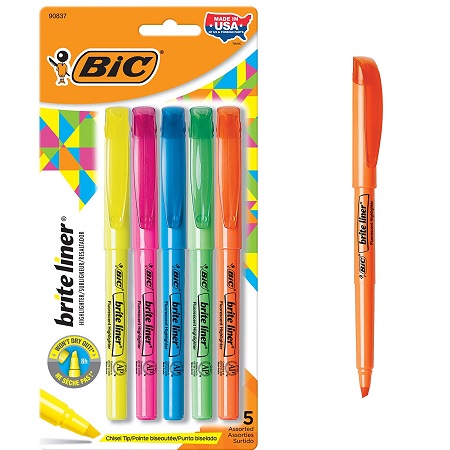 BIC 彩色 荧光记号笔，5支，原价$4.09，现仅售$1.52
