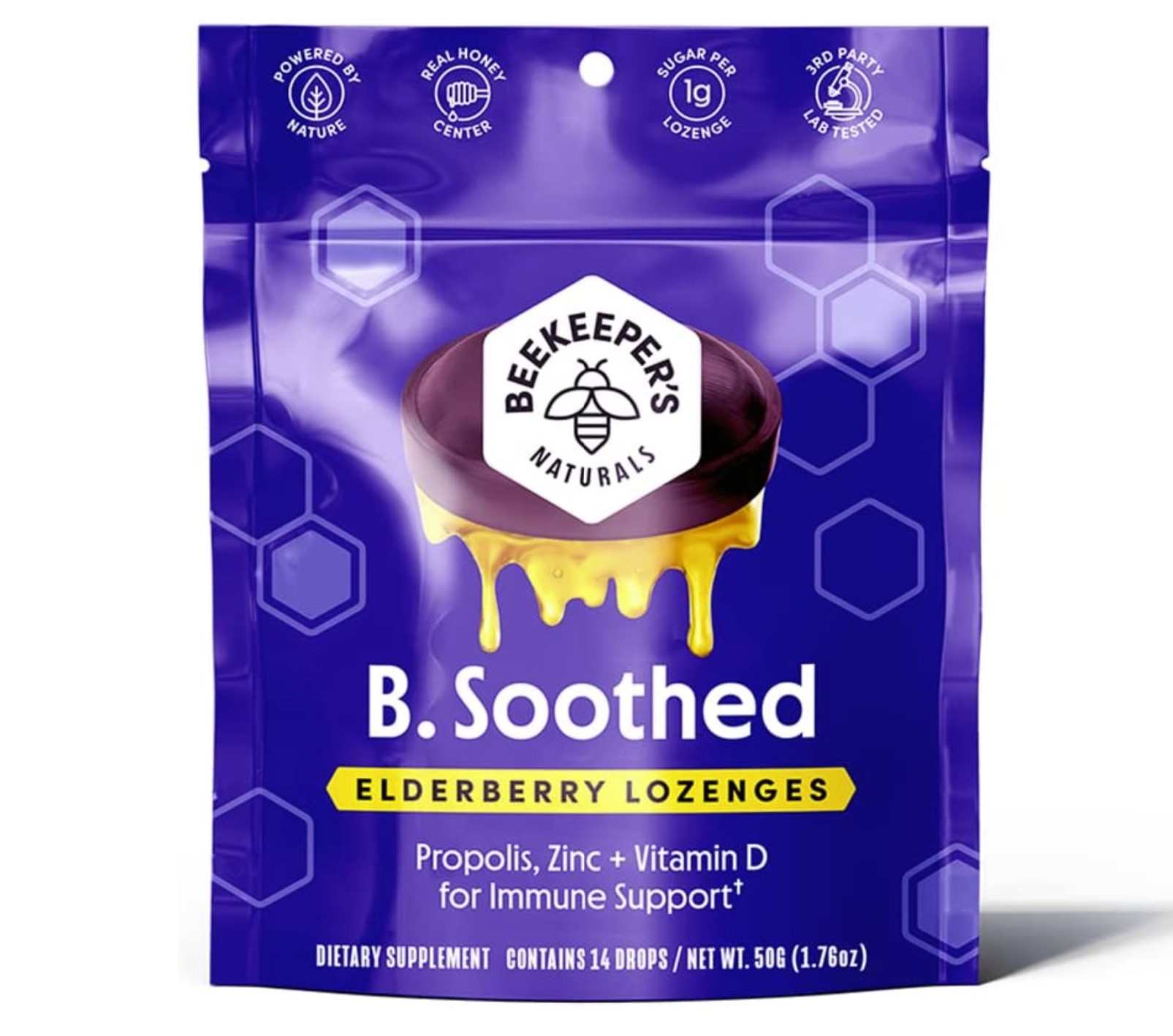 Beekeeper's Naturals B.Soothed Honey Elderberry Cough Drops, Immune Support with Vitamin D, Zinc and Propolis, Throat Soothing Lozenges, 14 Ct