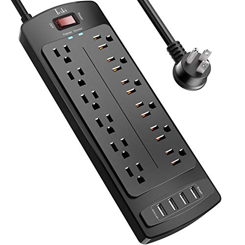 Power Strip , Tcstei Surge Protector with 12 Outlets and 4 USB Ports, 6 Feet Extension Cord (1875W/15A) for for Home, Office, Dorm Essentials, 2700 Joules, ETL Listed, (Black)