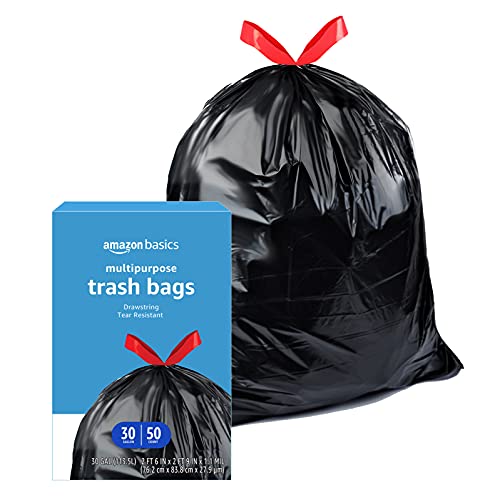 Amazon Basics Multipurpose Drawstring Trash Bags, 30 Gallon, 50 Count, List Price is $11.45, Now Only $5.98