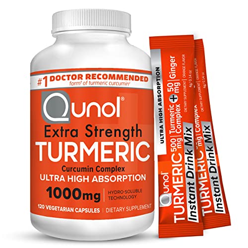 Turmeric Curcumin Capsules + Drink Sachets, Qunol 1000mg Extra Strength Supplement, Patented Hydro-Soluble Technology,, 120  Capsules, Now Only $13.50