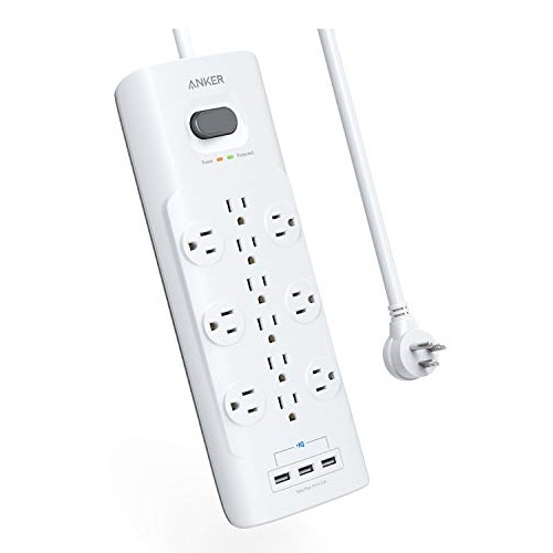 Anker Power Strip Surge Protector, 12 Outlets & 3 USB Ports with Flat Plug, 8ft Extension Cord, PowerIQ for iPhone Xs/XS Max/XR/X, Galaxy, for Home, Office, and More (4000 Joules)  Only $25.99
