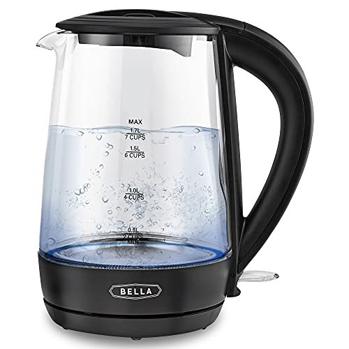 BELLA 1.7 Liter Glass Electric Kettle, Quickly Boil 7 Cups of Water in 6-7 Minutes, Soft Blue LED Lights Illuminate While Boiling, Cordless Portable Water Heater,  Only $11.14
