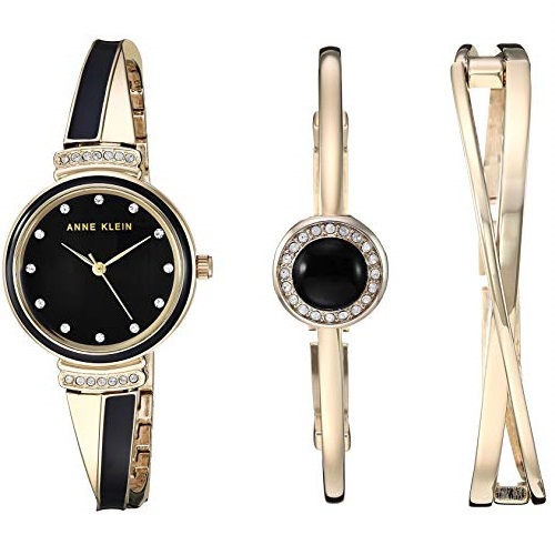 Anne Klein Women's AK/3292BKST Premium Crystal Accented Gold-Tone and Black Watch and Bangle Set,  Now Only $29.88