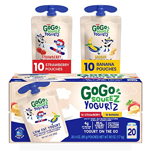 GoGo squeeZ yogurtZ Variety Pack, Strawberry, Banana, 3 oz. (20 Pouches) - Pantry Friendly Kids Snacks Made from Real Yogurt & Fruit, No Fridge Needed - No Preservatives - Kosher Certified Only $12.31