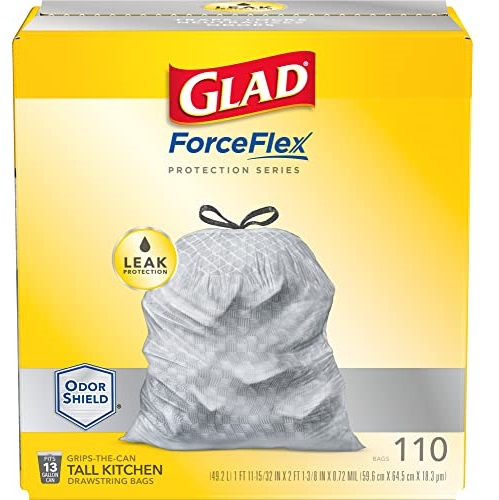 史低价！Glad ForceFlex 13加仑带抽绳 防异味 厨房垃圾袋，110个，原价$19.84，现仅售$11.48，免运费！