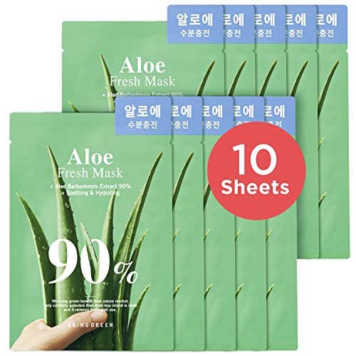 BRING GREEN Aloe 90% Fresh Mask (10ea) - 90% Natural Ingredient - Skin Moisturizing, Soothing, Nourishing Facial Mask, All Natural Fiber Sheet