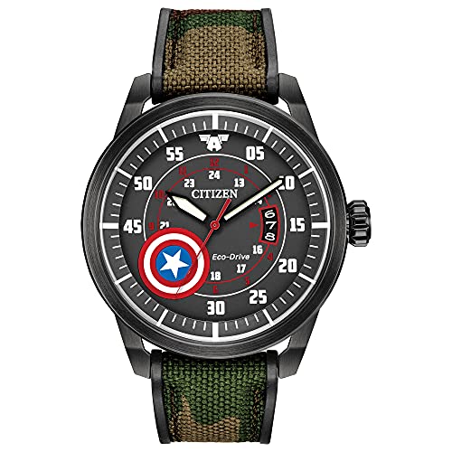 Citizen Eco-Drive Marvel Quartz Mens Watch, Stainless Steel with Nylon strap, Captain America, Camouflage (Model: AW1367-05W), List Price is $325, Now Only $117.99