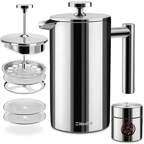 Mueller French Press Double Insulated 304 Stainless Steel Coffee Maker 4 Level Filtration System, No Coffee Grounds, Rust-Free, Dishwasher Safe, Now Only $24.97