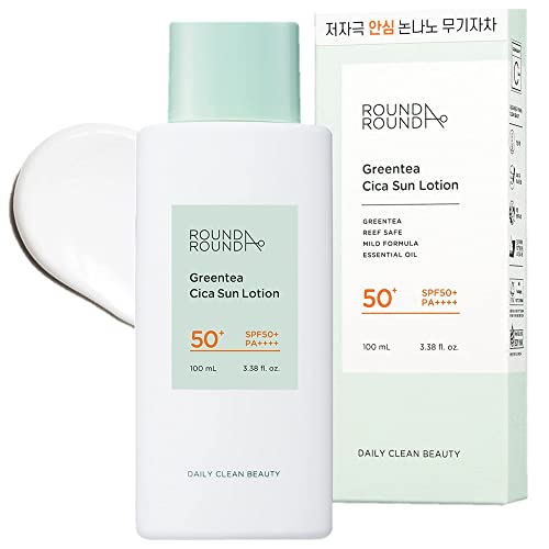 ROUND A’ROUND Green Tea Cica Sun Lotion 100ml - Green Tea & Water Mint Contained Soothing and Cooling Mild UV Protection Sunscreen Essence, Moisturizing Face & Body Sun Care
