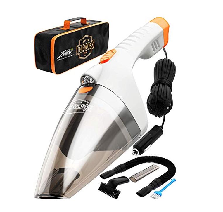ThisWorx Car Vacuum Cleaner - LED Light, Portable, High Power Handheld Vacuums w/ 3 Attachments, 16 Ft Cord & Bag - 12v, Auto Accessories Kit for Interior Detailing - White