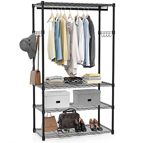 Wire Garment Rack 4 Tiers Heavy Duty Clothes Rack for Hanging Clothes Large Clothing Rack Freestanding Closet with Hanging Rod & 1 Pair Side Hooks, 35.8'' L X 17.7'' W X 72.4'' H, Max Load 600LBS