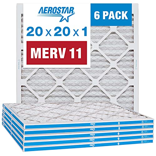 Aerostar 20x20x1 MERV 11 Pleated Air Filter, AC Furnace Air Filter, 6 Pack (Actual Size: 19 3/4