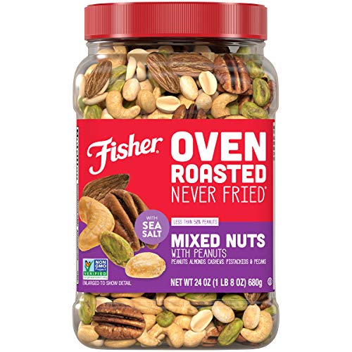 Fisher Snack Oven Roasted Never Fried Mixed Nuts with Peanuts, 24 Ounces, Peanuts, Almonds, Cashews, Pistachios, Pecans, Made With Sea Salt, Non-GMO, No Oils, Artificial Ingredients,Only $11.78