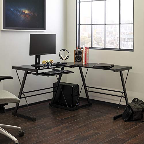 Walker Edison Ellis Modern Glass Top L Shaped Corner Gaming Desk with Computer Keyboard Tray, 51 Inch, Black, List Price is $249, Now Only $78.99, You Save $170.01 (68%)