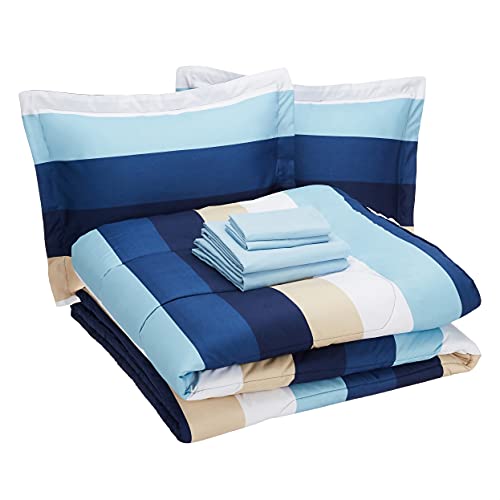 Amazon Basics 7-Piece Lightweight Microfiber Bed-in-a-Bag Comforter Bedding Set - Full/Queen, Blue Stripe,  Only $38.39