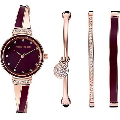 Anne Klein Women's AK/2716RBST Premium Crystal Accented Rose Gold-Tone and Burgundy Watch and Bangle Set, Now Only $39.99