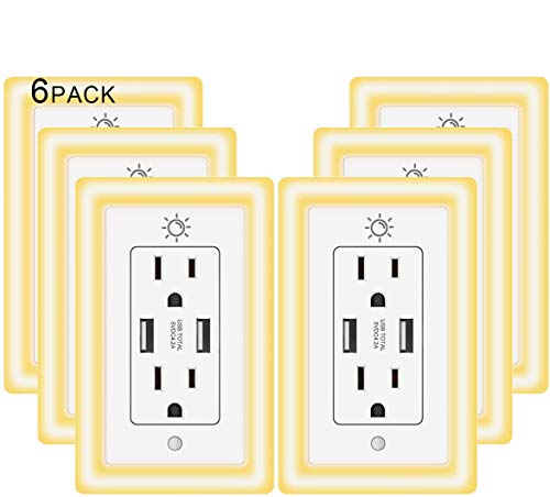USB Wall Outlet, 15A Duplex Receptacle with Dual USB Ports (5V/4.2A) and Dusk-to-Dawn Sensor Night Light, ETL Certified, 6 Pack