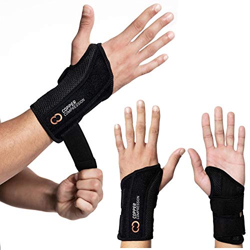 Copper Compression Recovery Wrist Brace - Copper Infused Adjustable Support Splint for Pain, Carpal Tunnel, Arthritis, Tendonitis, RSI, Sprain. Night Day Splint for Men Women - Fits Left Hand L-XL