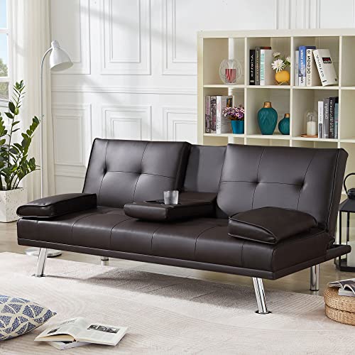 DKLGG Modern Futon Sofa Bed, Faux Leather Upholstered Sofa Couch, Convertible Sleeper Sofa with Removable Armrests 2 Cup Holders Couch Sofa Sleeper Now Only $209.9