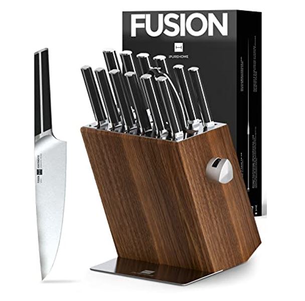 Kitchen Knife Set, iPUREHOME 15 PCS Knife Sets for Kitchen with Block, X50CrMoV15 High Carbon German Steel Knife Set with 6x Serrated Steak Knife, Sharpener Heavy Duty Kitchen Shears Acacia Wood Block