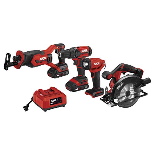 SKIL 20V 4-Tool Combo Kit: 20V Cordless Drill Driver Reciprocating Saw, Circular Saw and Spotlight, Includes Two 2.0Ah PWR CORE Lithium Batteries and One Charger - CB739701 Only $119