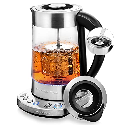 Ovente Electric Glass Kettle 1.7 Liter Prontofill Technology & 4 Variable Temperature Setting, Portable 1500 Watt Keep Warm Function with Stainless Steel Base Heating , Silver KG733S, Only $31.99