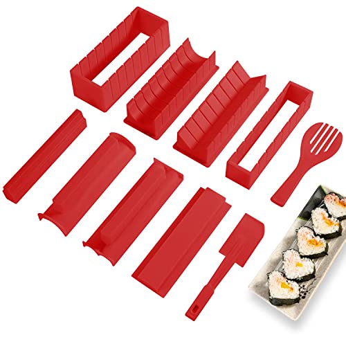 MEIDONG Sushi Making Kit Deluxe Edition with Complete Sushi Set 10 Pieces Plastic Sushi Maker Tool Complete with 8 Sushi Rice Roll Mold Shapes Fork Spatula DIY Home Sushi Tool (Red)