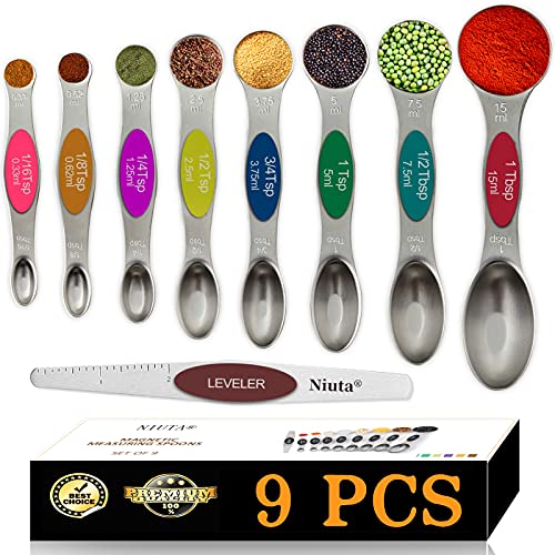 NIUTA Magnetic measuring spoons set, stackable on both sides, stainless steel, for use in spice jars and liquids, set of 9-Multicolour