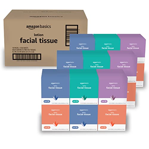 Amazon Basics Ultra Facial Tissue with Lotion18 Cube Boxes - 75 Tissues per Box -1350 Tissues Total (Previously Solimo)