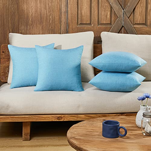 Deconovo Blank Pillow Covers Faux Linen Pillow Shams - Soft Blue Cushion Covers Pillowcases for Patio 16x16 Inch, Lake Blue Set of 4 Case Only No Insert