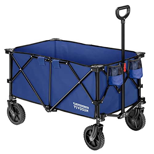 VIVOSUN Heavy Duty Folding Collapsible Wagon Utility Outdoor Camping Cart with Universal Wheels & Adjustable Handle, Blue
