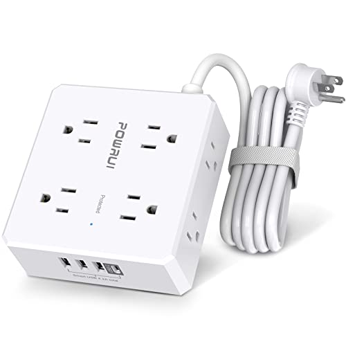Power Strip with 6 Feet - POWRUI 8 Widely Surge Protector Outlets with 4 USB Ports, 3 Side Outlet Extender with 6 Feet Extension Cord, Flat Plug, Wall Mount, Desk USB Charging Station, ETL ,White
